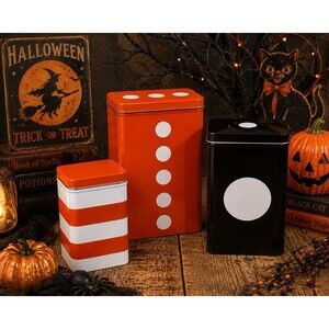 Vintage IKEA Metal Tins Set of 3 Orange Black Retro Halloween Kitchen Decor Set